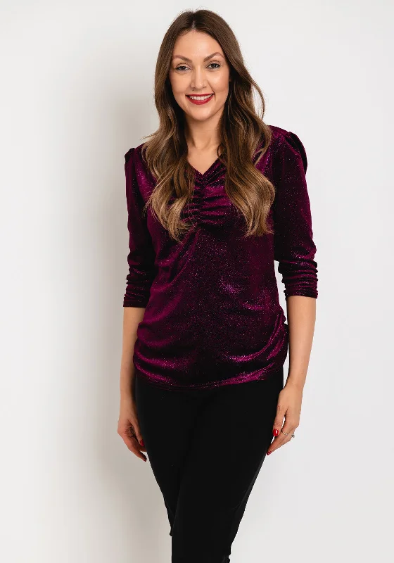 Leon Collection Ruched Detail Shimmer Blouse, Mulberry Elegant Lace Blouse