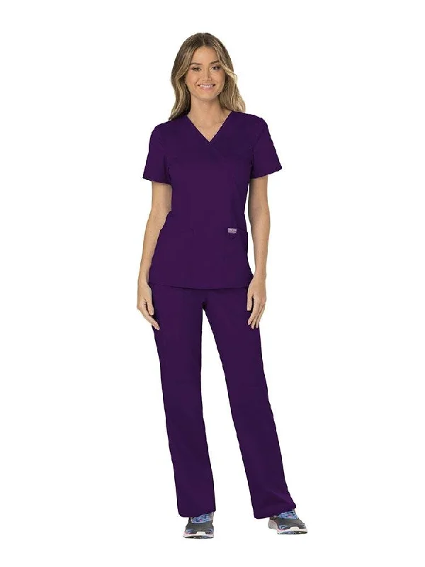 Revolution Women's Scrub Set Mock Wrap Top & Pull-on Pant | Eggplant Classic Stretch Pants Revolution Women's Scrub Set Mock Wrap Top & Pull-on Pant | Eggplant Classic Stretch Pants