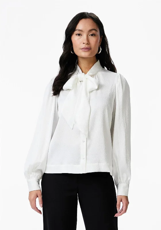 Y.A.S Gabriella Bow Tie Neck Blouse, Off-White Ruched Sleeve Blouse
