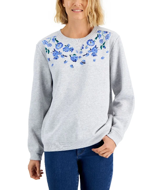 Karen Scott Petite Floral Print Noel Fleece Sweatshirt Graphic Hoodie Design Print