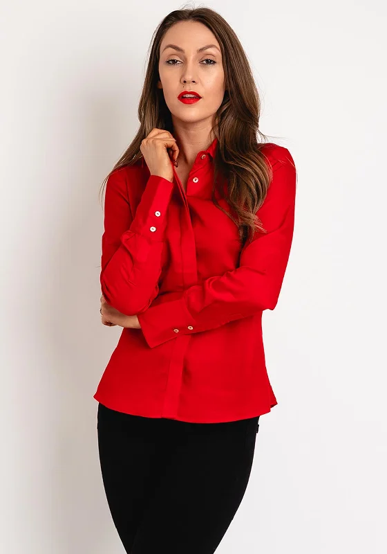 Salsa Pointed Collar Blouse, Red Semi-Sheer Blouse