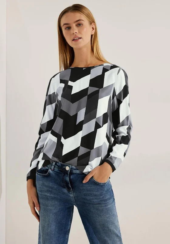 Cecil Round Neck Geo Print Blouse, Black Backless Summer Blouse