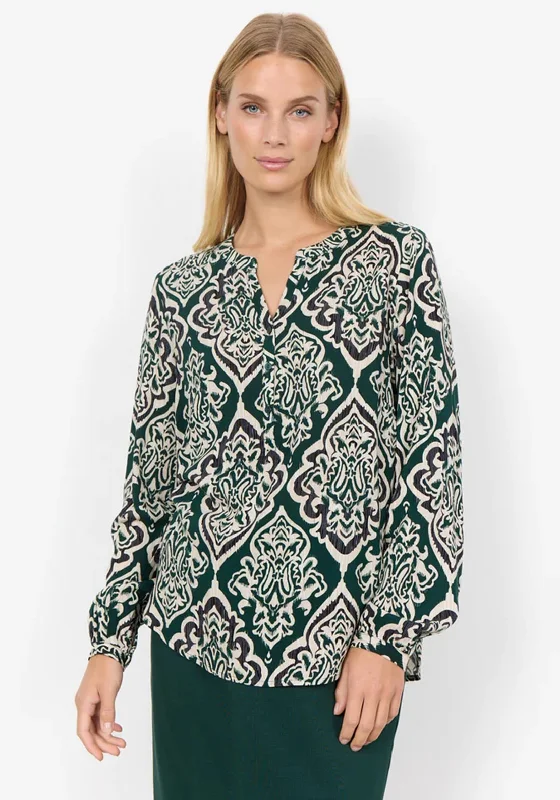 Soyaconcept Vernia Notch Neckline Damask Blouse, Dark Green Soft Knit Blouse