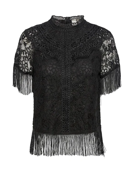Y.A.S Sophia Lace Fringe Blouse, Black Relaxed Fit Blouse