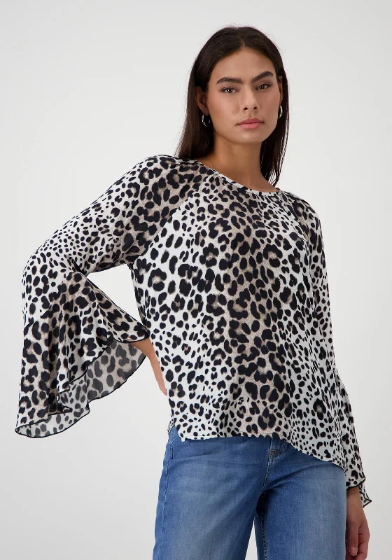 Monari Leopard Print Raglan Sleeve Blouse, Black Embroidered Floral Blouse