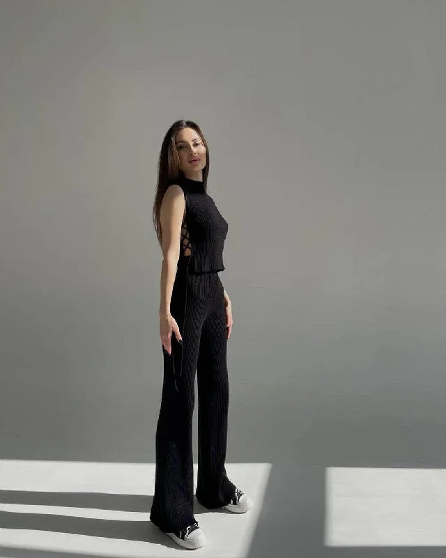 Ladies Solid Color Top & Pant Knit Daily Set FF230413 Classic Straight Pants