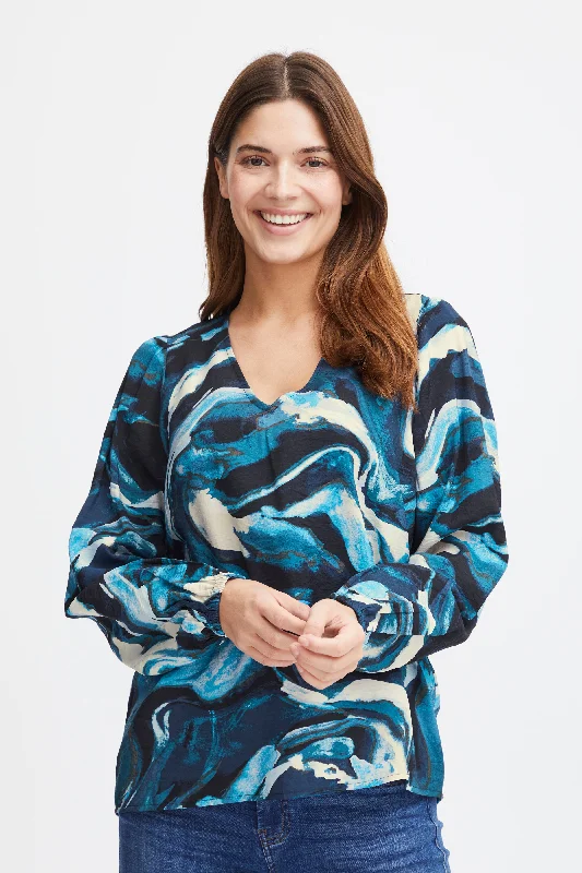 Fransa Gila Marble Print Blouse, Blue Casual Relaxed Blouse