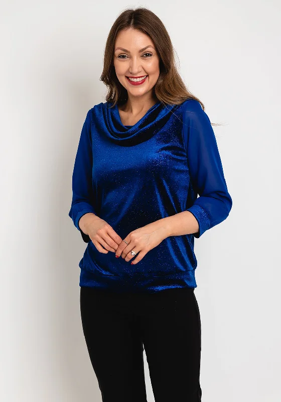 Leon Collection Cowl Neck Shimmer Blouse, Royal Blue Short Sleeve Blouse