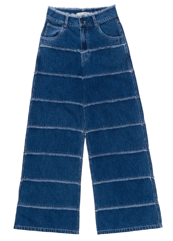 W Wide Leg Panel Denim Pant Chic Faux Leather Pants