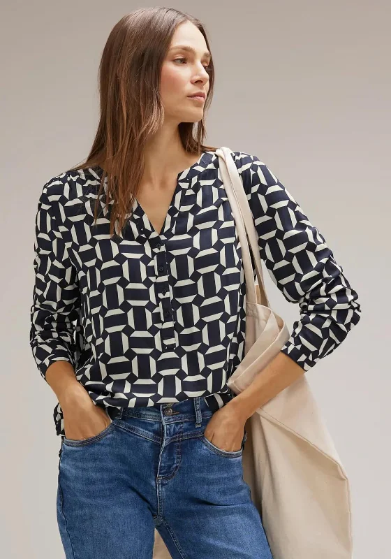 Street One Graphic Print Blouse, Deep Blue Embellished Collar Blouse