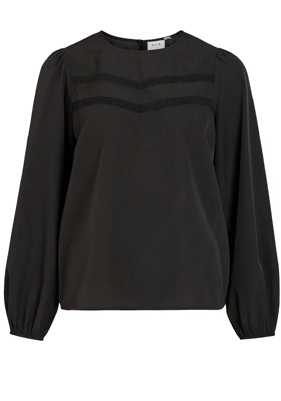 Vila Annua Round Neck Embroidered Detail Blouse, Black Stretchy Fitted Blouse
