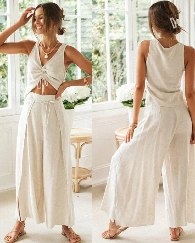 Ladies Solid Color Top and Pant 3PCS Daily Set SKST187 Trendy Wide-Legged Trousers