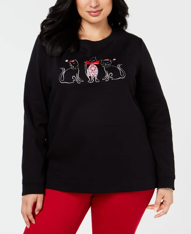 Karen Scott Plus Size Cotton Holiday Cats Sweatshirt Hoodie with Set-In Sleeves Structured Classic Karen Scott Plus Size Cotton Holiday Cats Sweatshirt Hoodie with Set-In Sleeves Structured Classic