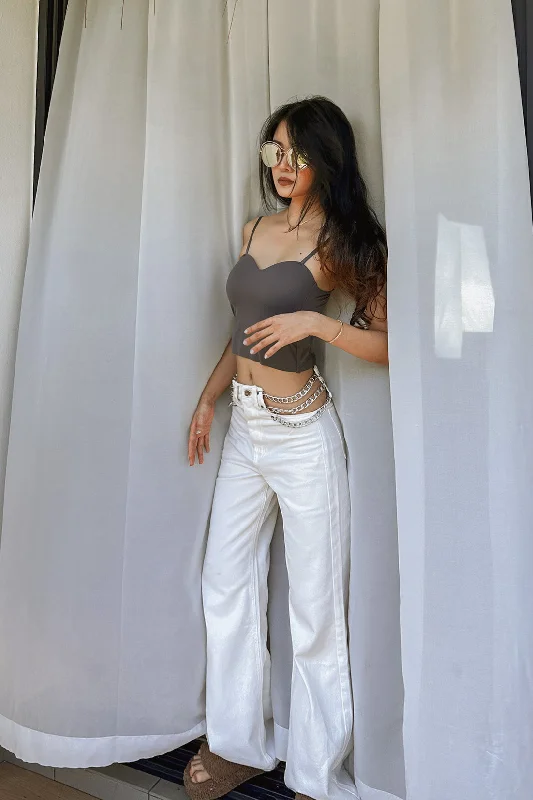 Jess Side Chain Denim Pants in White Trendy Wide-Leg Pants