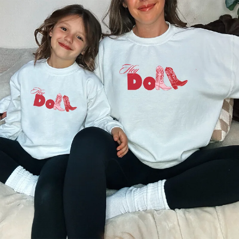 Hey Doll Cowgirl Graphic Matching Sweatshirts Hoodie with Patch Decorative Personalized Hey Doll Cowgirl Graphic Matching Sweatshirts Hoodie with Patch Decorative Personalized