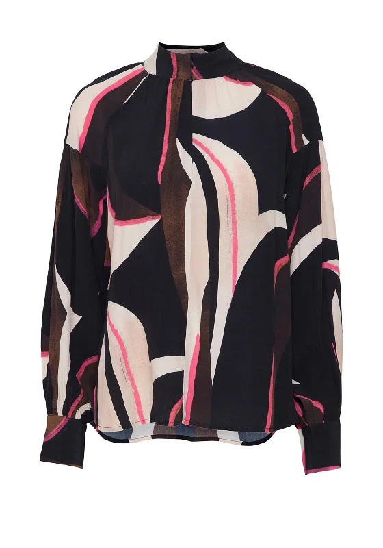 Fransa Lena Zip Neck Abstract Print Blouse, Navy & Pink Elegant Silk Blouse