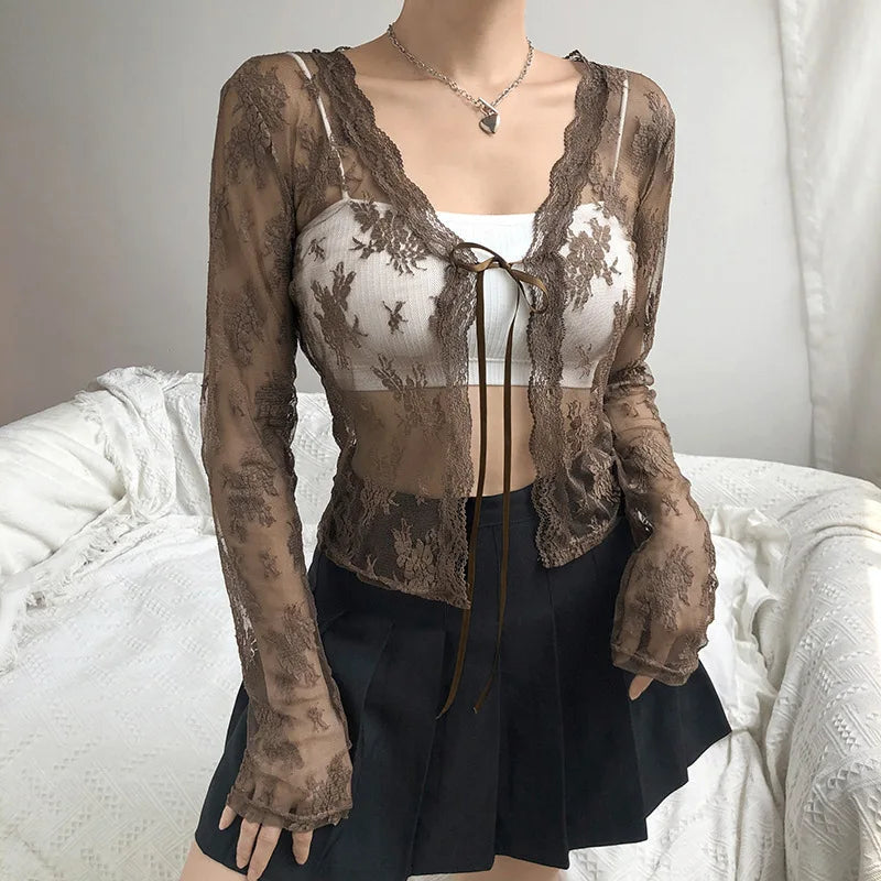 Women's V-Neck Lace Fashion Designer Transparent Blouse Long-Sleeve Tops Casual Button Blouse Women's V-Neck Lace Fashion Designer Transparent Blouse Long-Sleeve Tops Casual Button Blouse