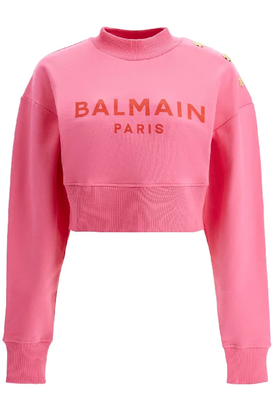 Cropped Sweatshirt With Buttons  - Pink Hoodie with Thumb Holes Functional Cozy