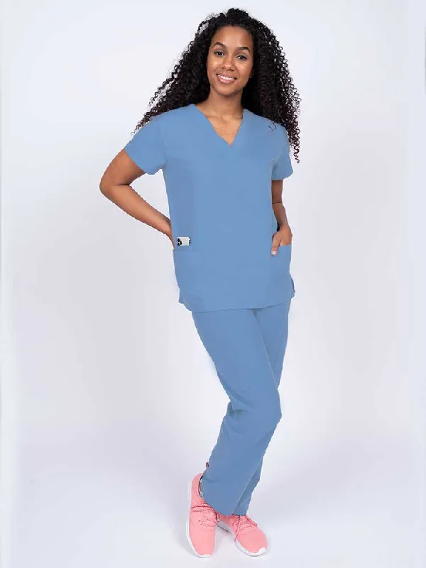 Luv Scrubs Women's Scrub Set V-neck Top & Petite Pants | Ceil Blue Classic Bootcut Trousers Luv Scrubs Women's Scrub Set V-neck Top & Petite Pants | Ceil Blue Classic Bootcut Trousers