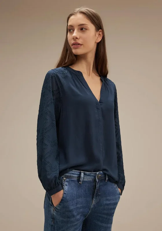 Street One Decorative Chiffon Sleeve Blouse, Dark Atlantic Blue Feminine Ruffle Blouse