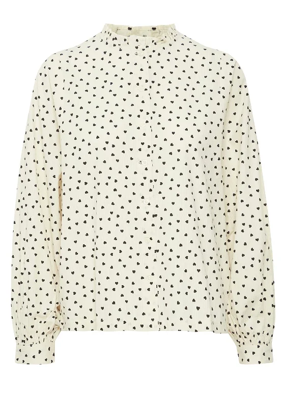 Ichi HQWN Heart Print Frill Neck Blouse, Birch Casual Relaxed Fit Blouse