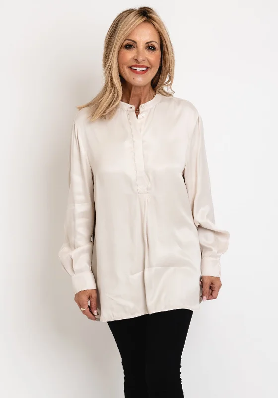 Oui Satin Feel Blouse, Off White Taupe Gathered Detail Blouse