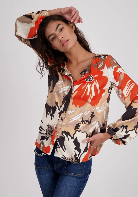 Monari Floral Print Satin Blouse, Orange Loose Oversized Blouse