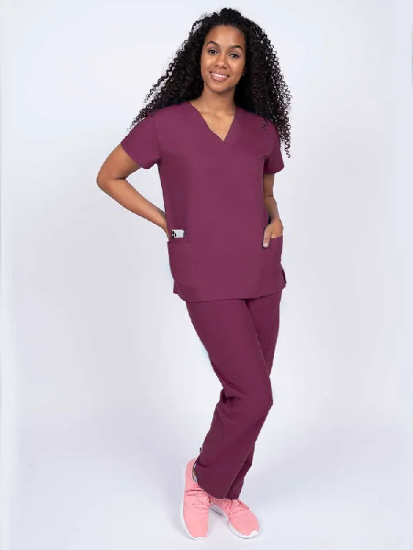 Luv Scrubs Women's Scrub Set V-neck Top & Petite Pants | Wine Comfortable Denim Trousers Luv Scrubs Women's Scrub Set V-neck Top & Petite Pants | Wine Comfortable Denim Trousers