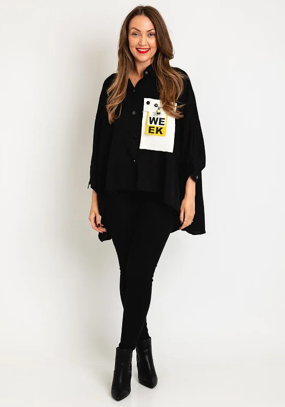 Serafina Collection One Size Chest Pocket Blouse, Black Satin Long Blouse