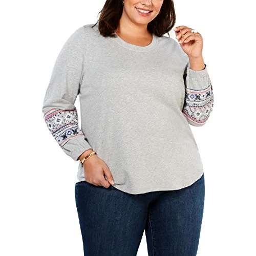 Plus Size Cotton Embroidered-Sleeve Sweatshirt Hoodie with Sequins Glamorous Eye-catching Plus Size Cotton Embroidered-Sleeve Sweatshirt Hoodie with Sequins Glamorous Eye-catching