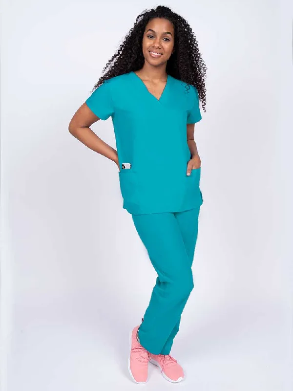 Luv Scrubs Women's Scrub Set V-neck Top & Pants | Turquoise Blue Chic Faux Leather Pants Luv Scrubs Women's Scrub Set V-neck Top & Pants | Turquoise Blue Chic Faux Leather Pants