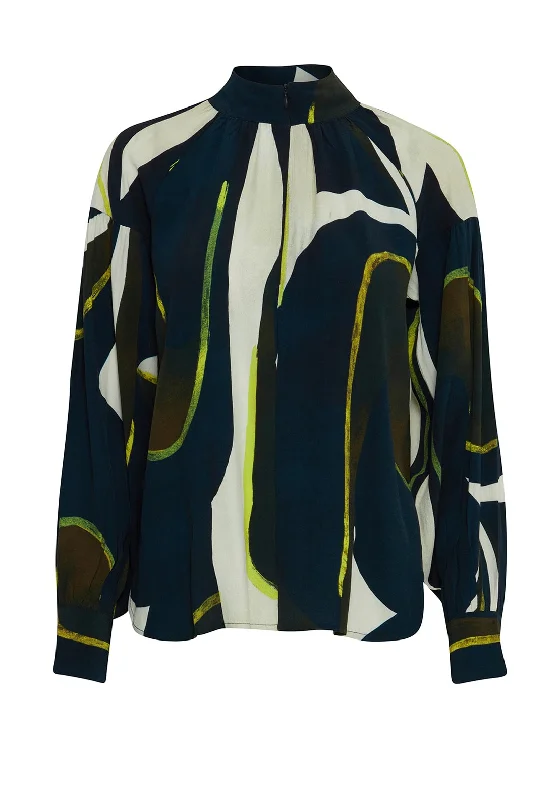 Fransa Lena Abstract Print Blouse, Navy & Yellow Playful Puff Blouse