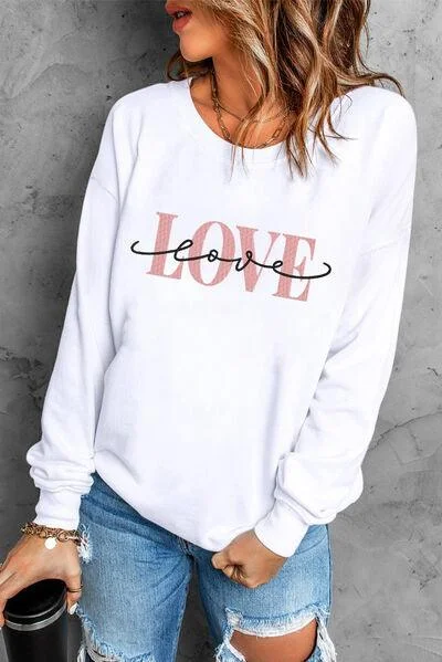 LOVE Round Neck Dropped Shoulder Sweatshirt Hoodie with Patch Decorative Personalized LOVE Round Neck Dropped Shoulder Sweatshirt Hoodie with Patch Decorative Personalized