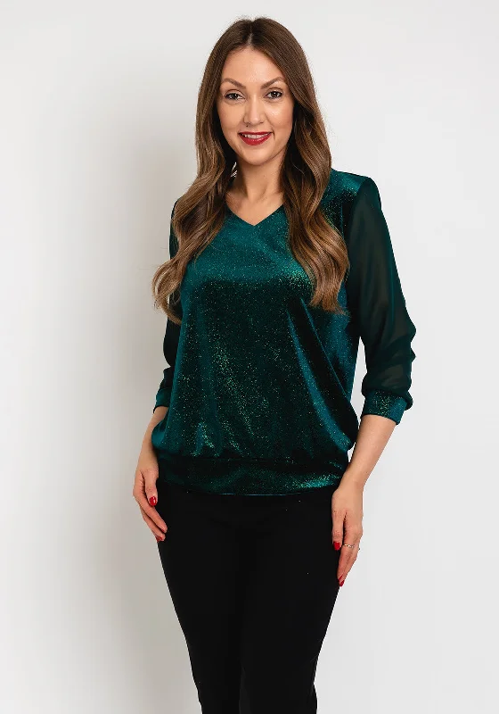 Leon Collection V-Neck Shimmer Blouse, Forest Green Elegant Peplum Blouse