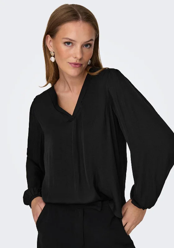 JDY Appa V-Neck Blouse, Black Feminine Ruffle Blouse