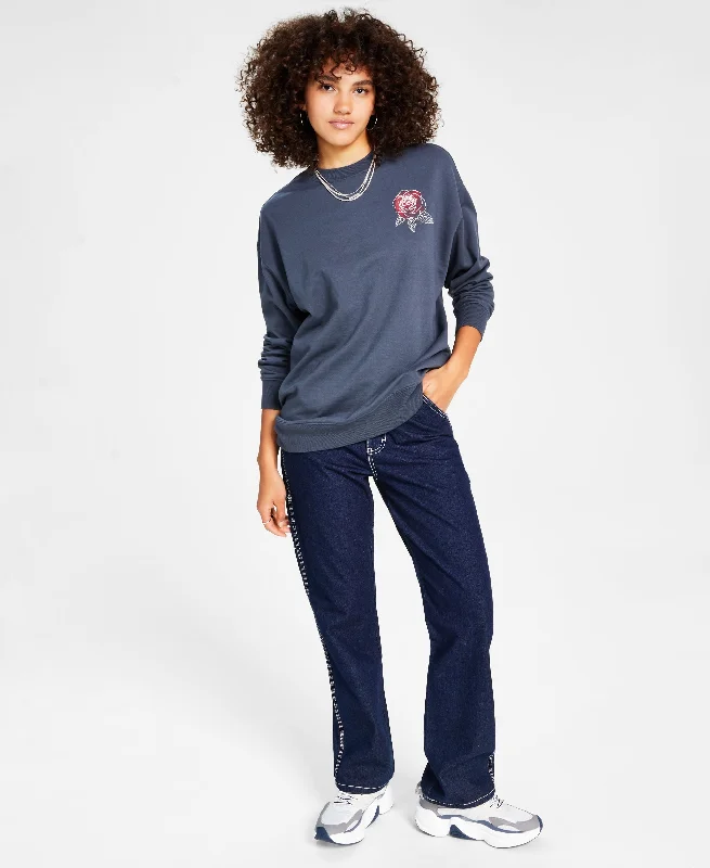 Juniors' Rose Graphic Sweatshirt Hoodie with Contrast Stitching Detailed Premium