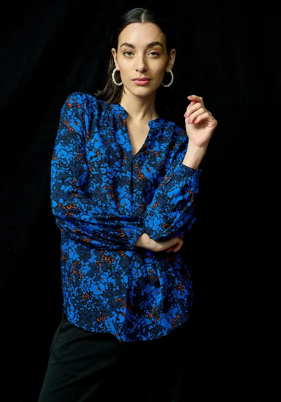 Fransa V-Neck Abstract Print Blouse, Princess Blue Lightweight Floral Blouse