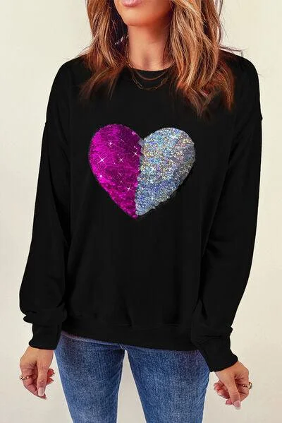 Heart Sequin Round Neck Dropped Shoulder Sweatshirt Hoodie with Zipper Versatile Modern Heart Sequin Round Neck Dropped Shoulder Sweatshirt Hoodie with Zipper Versatile Modern