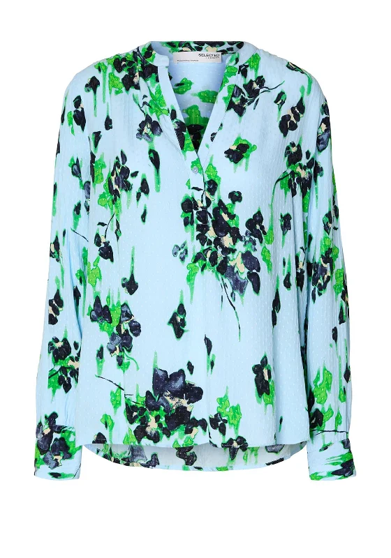 Selected Femme Irene Floral Blouse, Medium Blue Soft Knit Blouse