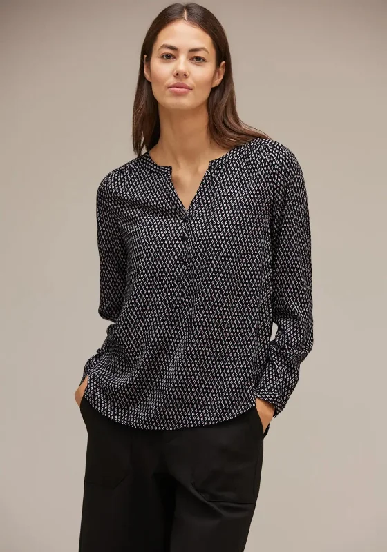 Street One Slit Neck Print Blouse, Black Delicate Pleat Blouse