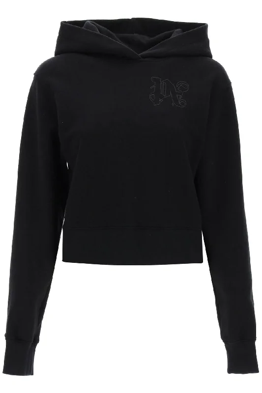 Cropped Hoodie With Monogram Embroidery  - Black Hoodie with Raw Hem Edgy Unfinished
