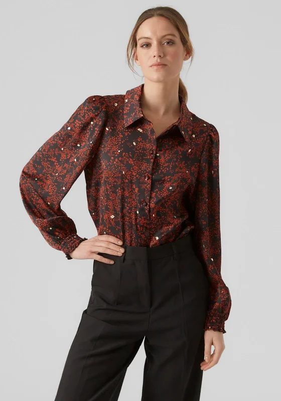 Vero Moda Eya Balloon Sleeve Print Blouse, Red Ochre Ruffled Neck Blouse
