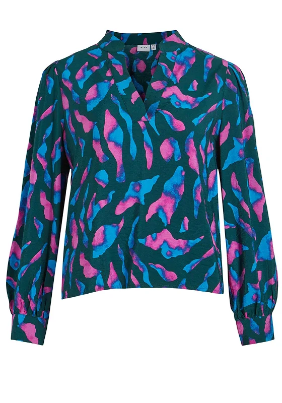 Vila Dogma V-Neck Print Blouse, Ponderosa Pine Casual Button Blouse