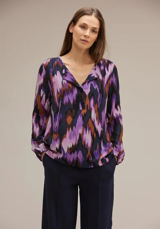 Street One Folded Collar Patterned Tunic Blouse, Deep Pure Lilac Feminine Tie Blouse