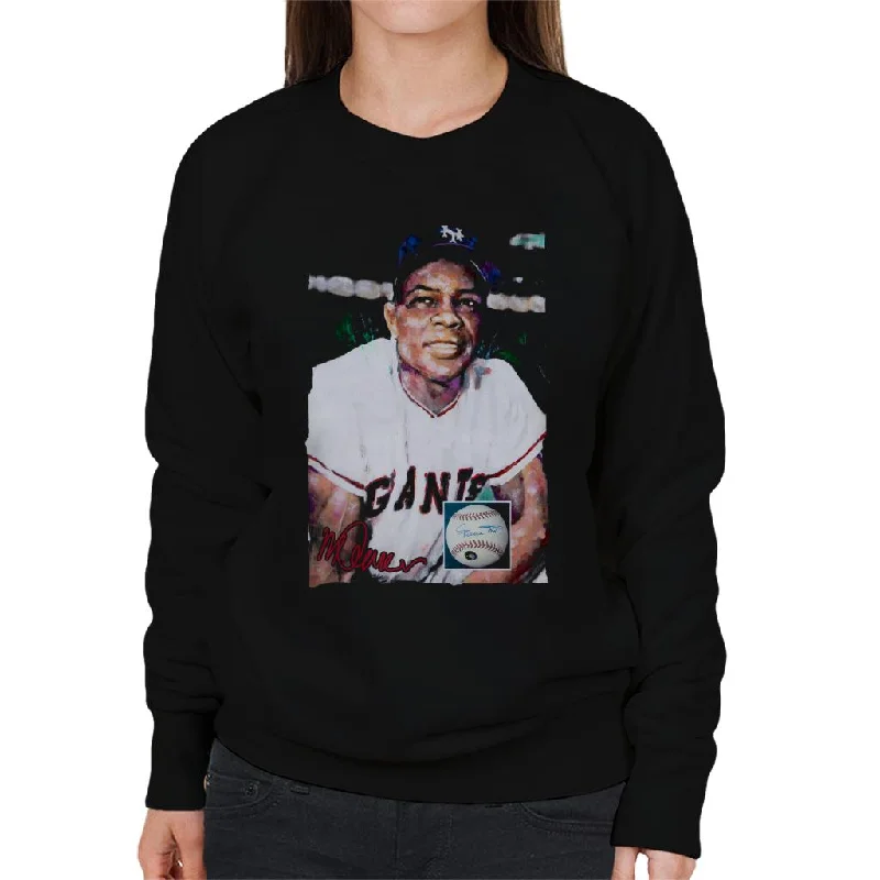 Sidney Maurer Original Portrait Of Giants Star Willie Mays Women's Sweatshirt Hoodie with Front Slit Layering Stylish Sidney Maurer Original Portrait Of Giants Star Willie Mays Women's Sweatshirt Hoodie with Front Slit Layering Stylish
