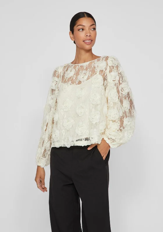 Vila Maja Flower Applique Lace Blouse, Birch Subtle Shimmer Blouse