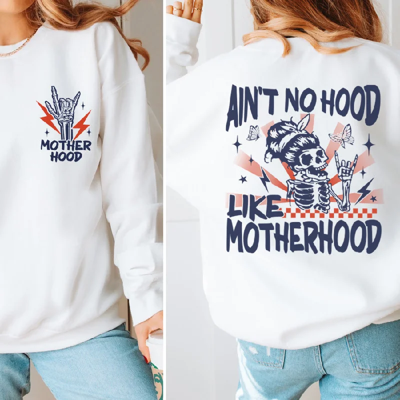 Ain't No Hood Like Motherhood Skull Back Sweatshirt Hoodie with Zipper Placket Modern Functional