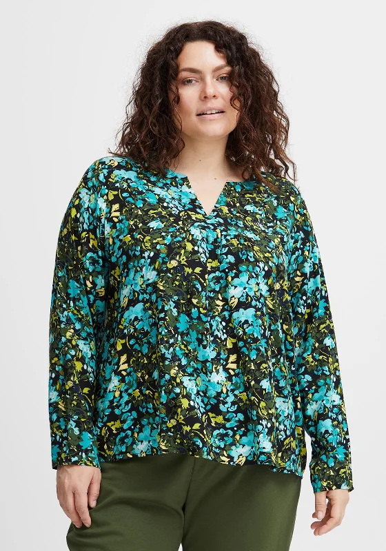 Fransa Curve Floral Print Blouse, Porcelain Green Feminine Ruffle Blouse