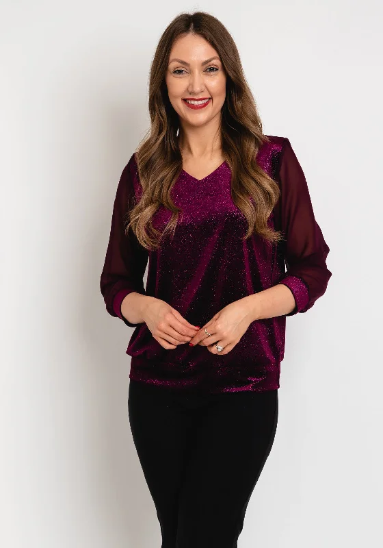Leon Collection V-Neck Shimmer Blouse, Mulberry Loose Oversized Blouse