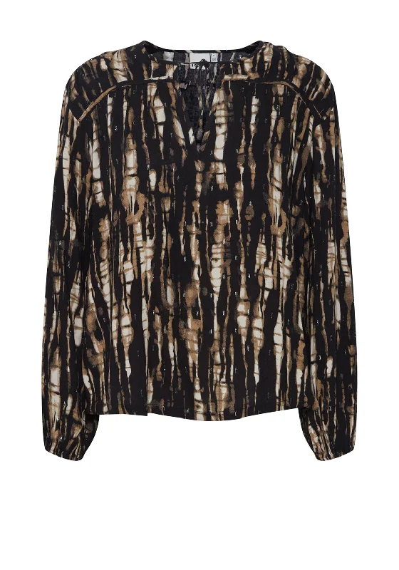 Ichi Saija Tie Neck Print Blouse, Black Satin Drape Blouse